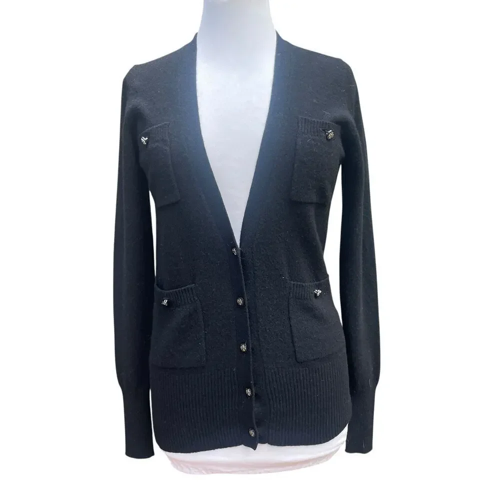 Tory Burch 100% Cashmere V-Neck Cardigan XS Black | Logo Buttons | 4 Pockets